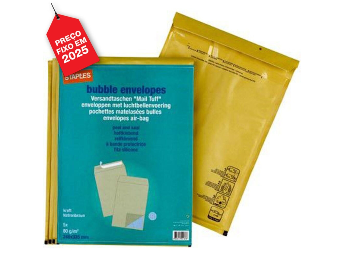 Staples Envelope de Bolhas, 335 mm, Autocolante, Kraft, Pack 5 Unidades