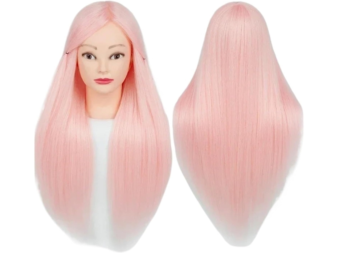 Cabeça de manequim com cabelo rosa SFUSHOS, penteado profissional, sintético e trançado