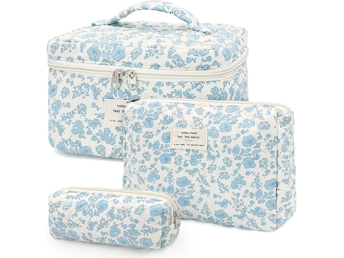 Necessaire De Algodão Acolchoado - 3 Peças - Conjunto Grande E Pequeno - Para Viagem (azul E Branco)