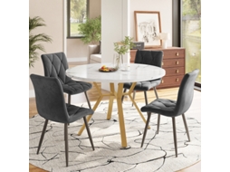 Conjunto Moderno de Mesa Jantar Redonda (5 Peças), Mármore, Pernas Douradas, 4 Cadeiras Ergonômicas Veludo Cinza
