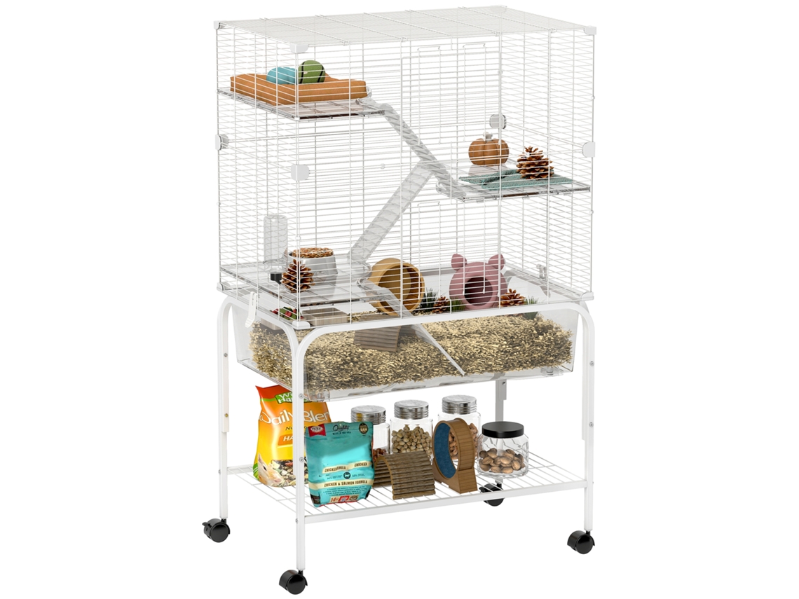 Gaiola para Pequenos Animais de 4 Níveis com Bandeja Inferior Rodas Rampas Comedouro e Bebedouro 73x47x123 Cm Branco Ge