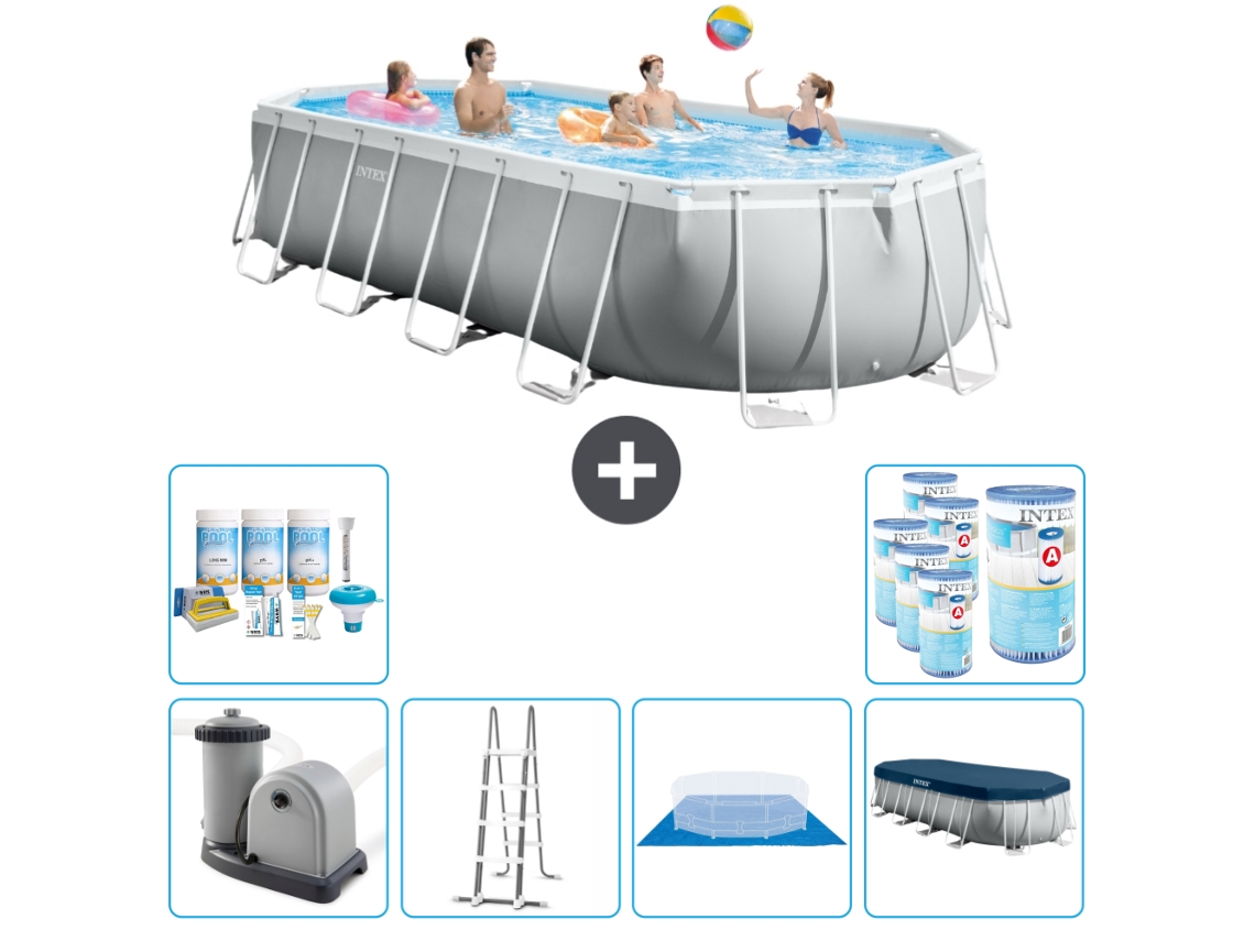 Piscina INTEX Oval Prism Frame 610 X 305 X 122 Cm Cinza Incluindo Bomba Escada Lençol Cobertura Pacote de Manutenção Filtros