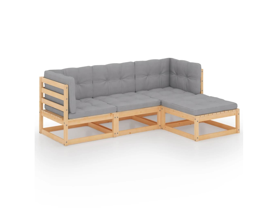 4 Pcs Conjunto Lounge de Jardim C/ Almofadões Pinho Maciço MAISON EXCLUSIVE