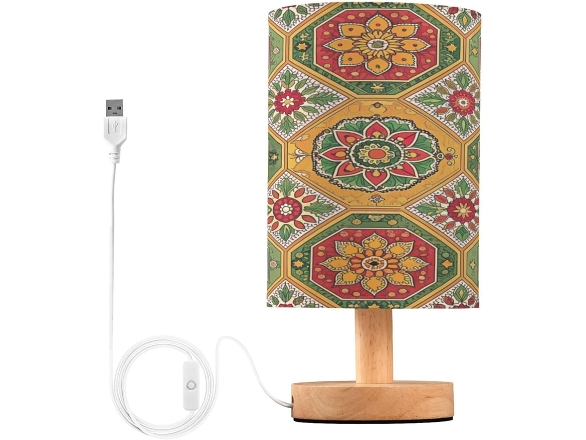 Abajur De Cabeceira Com Estampa Étnica Para Quarto, Portas De Carregegamento Usb C, Luminária De Mesa Cabeceira, Luminária