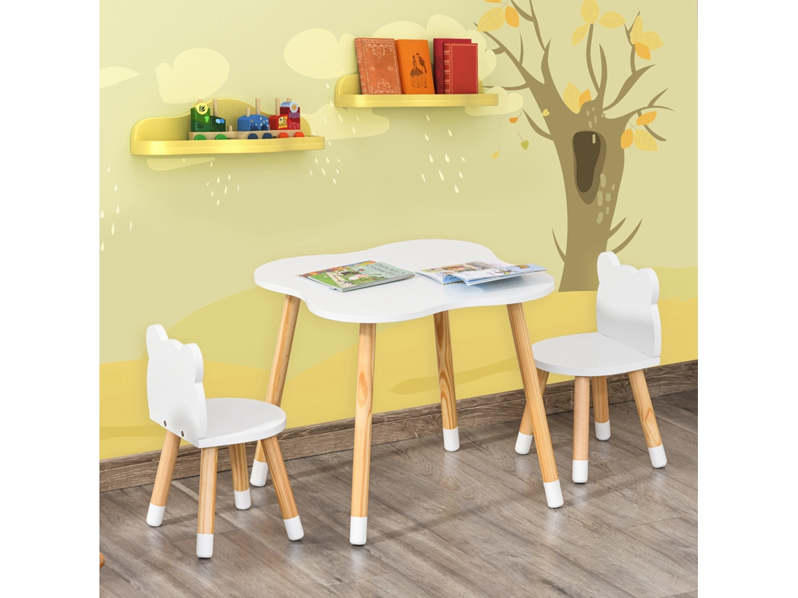 Mesa E Cadeiras Infantis Madeira Natural E Branco Para Sala Brinquedos E Quarto