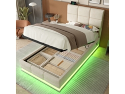 Cama estofada 90x200 cm em veludo bege, cabeceira ajustável, USB e USB-C, LED, baú hidráulico XL, sem colchão VSOGA