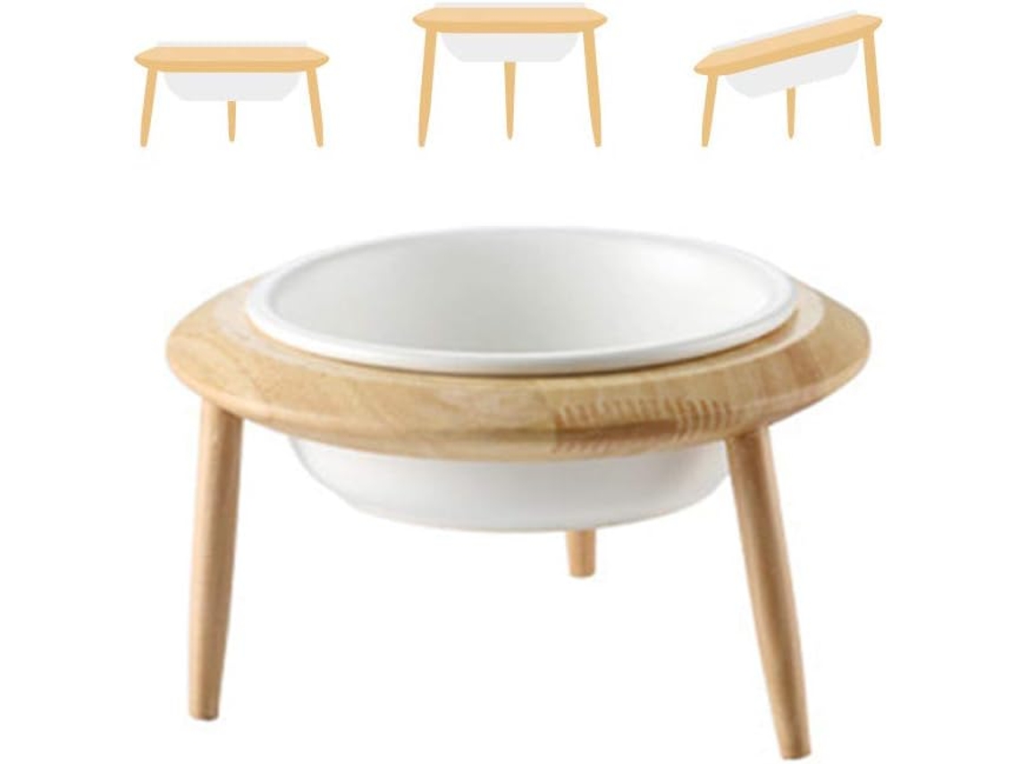 Tigela Elevada Ajustável de Cerâmica Branca com Suporte de Madeira para Cães e Gatos, À Prova de Derramamento, para Água e Ração AQUAFORGE