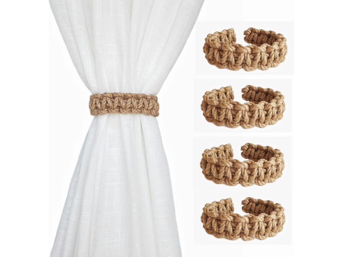 Conjunto 4 Abraçadeiras Cortina Tecidas - Suporte Cortina - Estilo Rústico - Para Cortinas Leves - Algodão Linho - Castanho