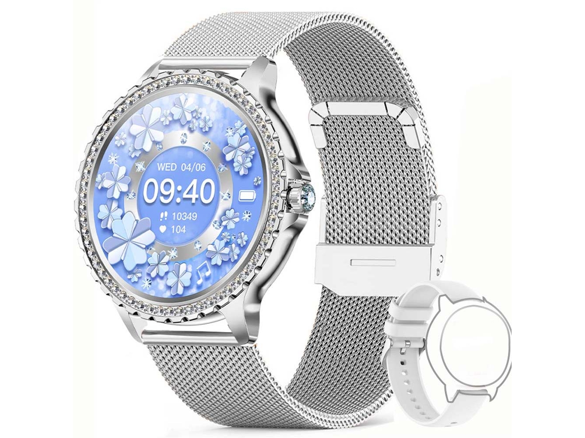 (branco) Smartwatch Feminino Com Diamantes, Tela Sensível Ao Toque Completa E Pulseira De 1,32 Polegadas.