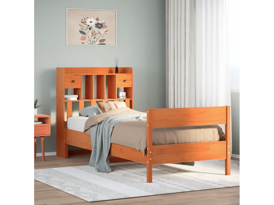 Cama C/ Estante Sem Colchão 100x200cm Pinho Maciço Castanho-mel