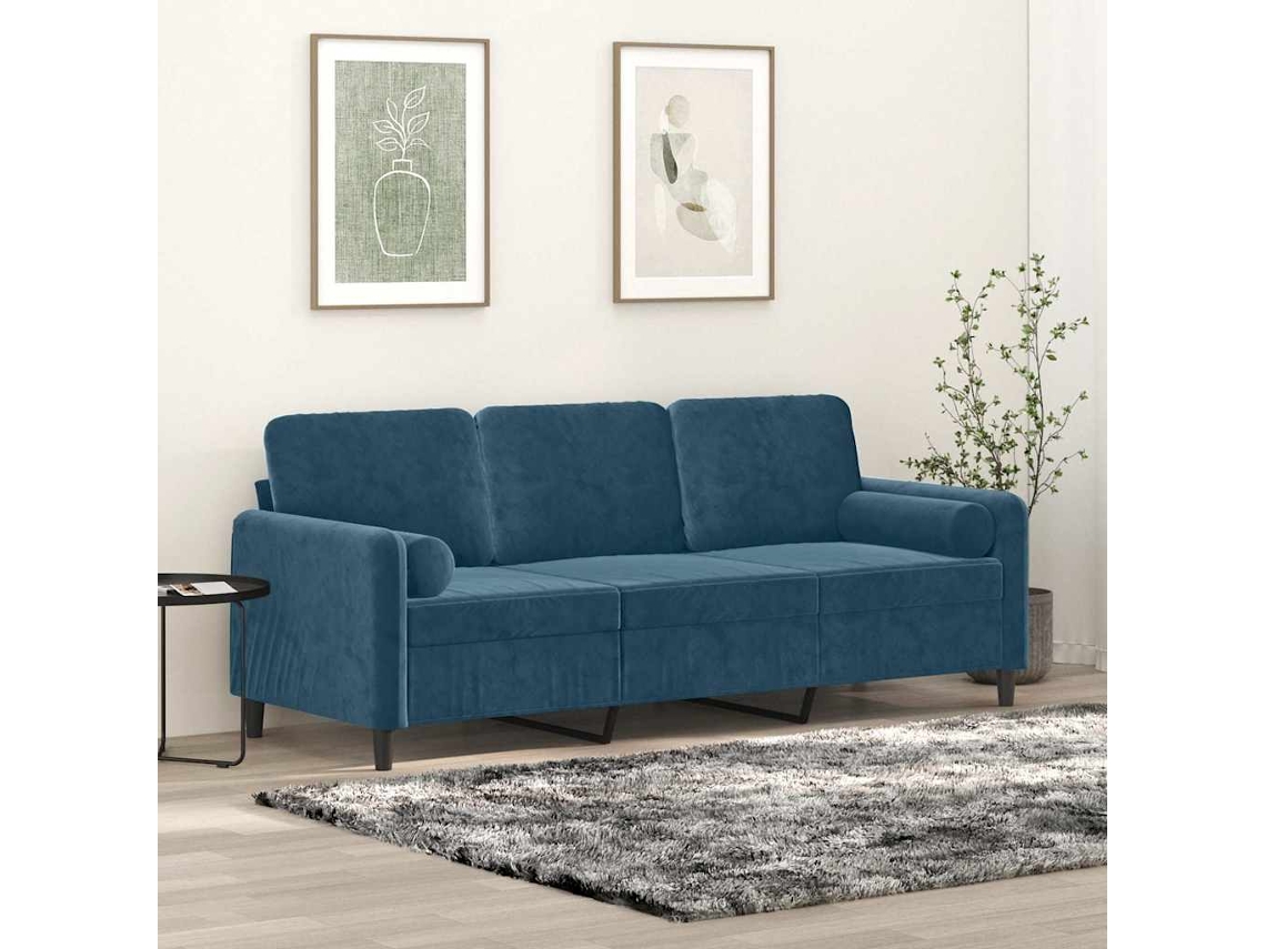Vidaxl Sofá 3 Lugares C/ Almofadas Decorativas 180 Cm Veludo Azul