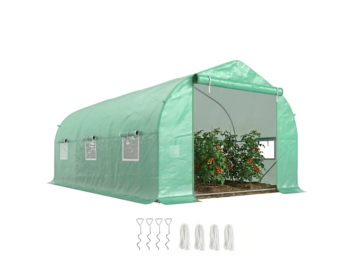 Estufa Túnel 450x300x200cm, com porta, 6 janelas enroláveis, cobertura de PE e aço verde BTFORUS