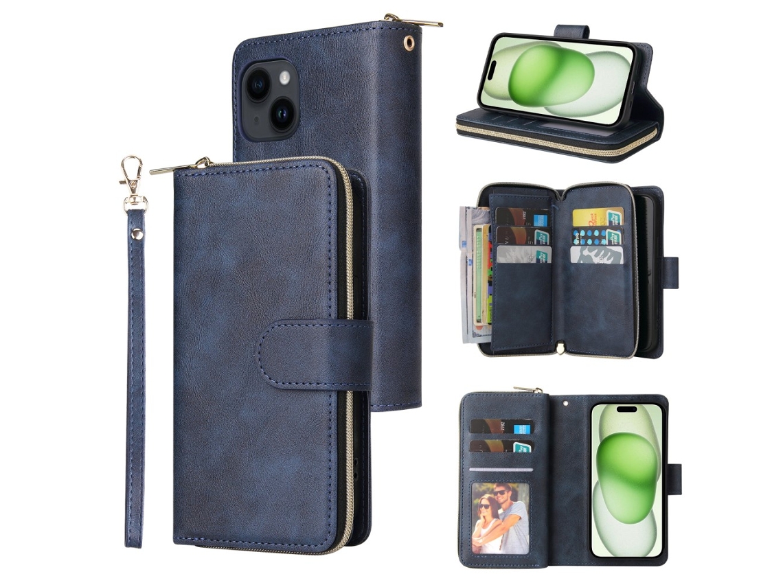 Capa Para Iphone 15 Plus Pele Sintética Com Porta-cartões Azul