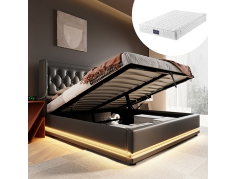 Cama Estofada, 160200 Cm, Material Pu Preto, Cabeceira Estofada Com Usb Tipo-c, Função Led Em 3 Lados (com Colchão).
