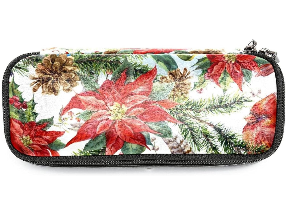 Estojo Natalino com estampa floral de poinsétia, para marcadores de grande capacidade, organizador escolar.
