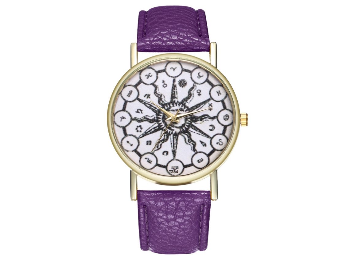 Relógio de quartzo roxo com pulseira de couro e mostrador com padrão abstrato para casais.