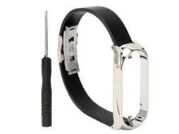 Pulseira de Couro Pu com Capa Protetora para Mi Band 7 Aço Inoxidável Preto e Prata