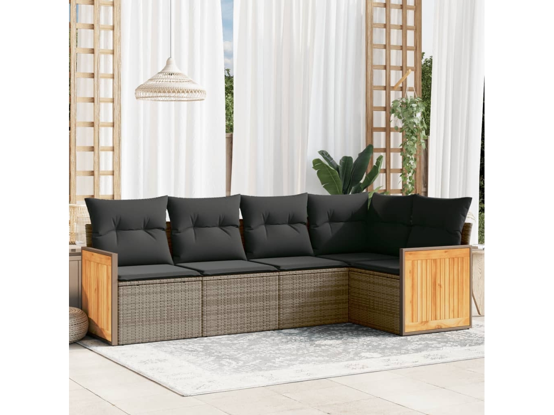 Vidaxl 5 Pcs Conjunto Sofás De Jardim C/ Almofadões Vime Pe Cinzento