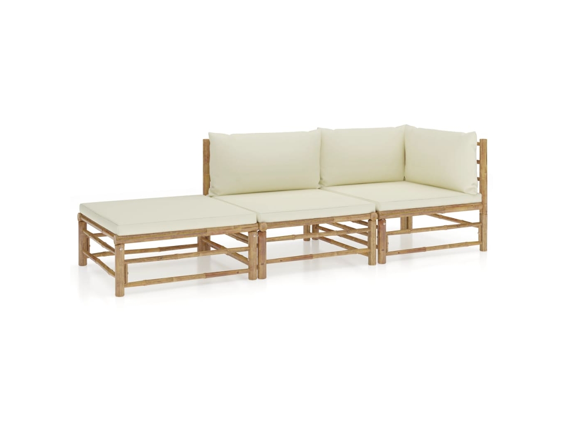 Vidaxl 3 Pcs Conj. Lounge P/ Jardim Em Bambu C/ Almofadões Branco Nata