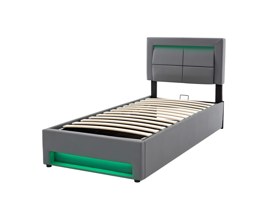 Cama Estofada PAPRIKA 90x200cm com Usb, iluminação Led, armazenamento, design de Linho, sem Colchão, Cinza