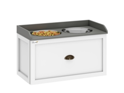 Tigelas Elevadas para Cães em Aço Inoxidável e Madeira com Gaveta, 60x30x36cm, Branco e Cinza. VELTUS TRADE