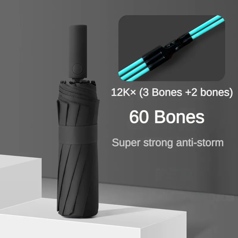 (preto 12k) Guarda-chuva Dobrável Automático De Alta Resistência Com 60 Varetas, À Prova De Vento E Com Proteção Uv Upf50+