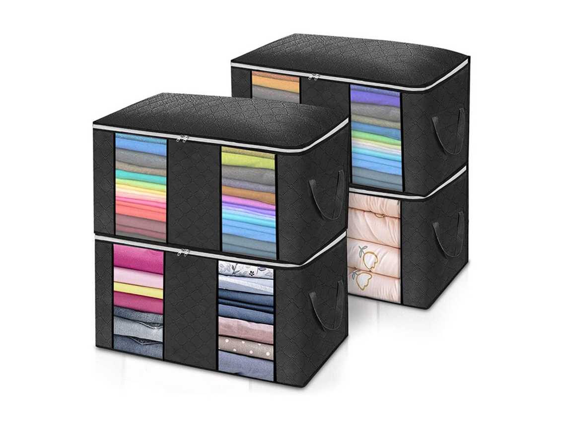 Conjunto De 4 Sacos De Armazenamento Pretos Para Roupas, 60x40x35cm, Saco Grande Para Guardar Roupas Debaixo Da Cama, Dobrável