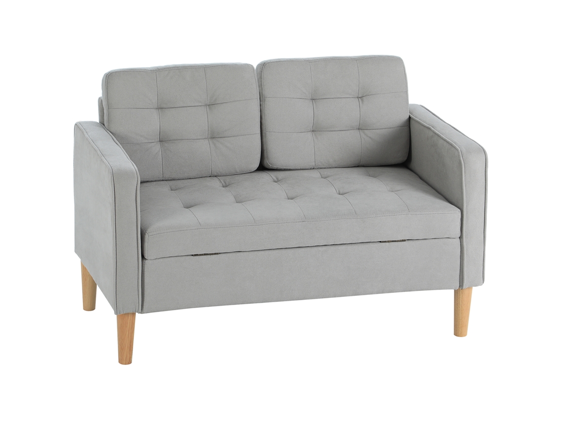 Sofá 2 Lugares Cinzento Claro 117x62x78cm Com Armazenamento, Encosto Capitonê E Pés De Madeira, Prático E Compacto Para Quarto E Sala