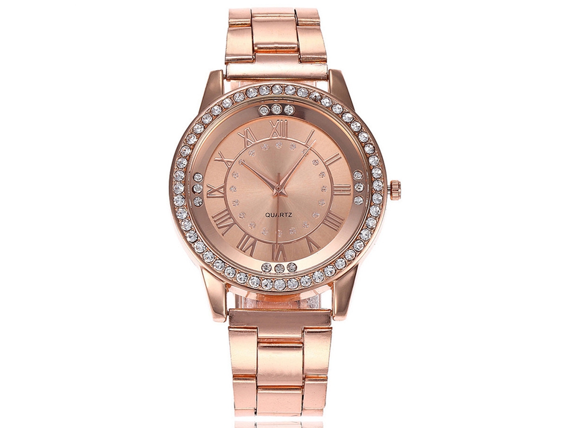 Relógio Feminino Vansvar de Quartzo com Pulseira de Aço e Strass Numerais Romanos Dourado Rosa
