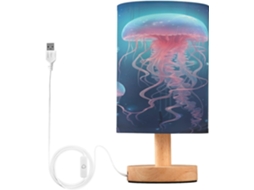 Abajur De Cabeceira Led Rosa Em Formato Água Viva Para Quarto, Com Cúpula De Tecido, Base De Madeira E Porta Usb, Ideal