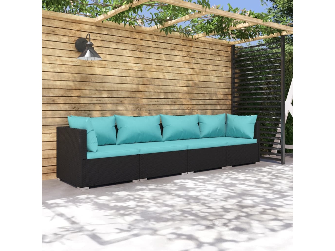 4 Pcs Conjunto Lounge De Jardim C/ Almofadões Vime Pe Preto Dkd Home Decor