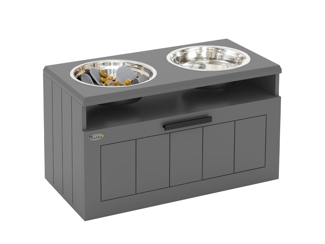 Estação de alimentação para cães com 2 tigelas inox, gaveta, MDF Cinza S/MARCA
