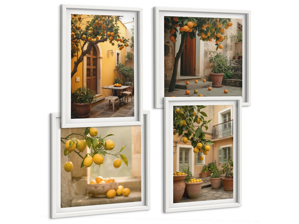 Galeria De Pinturas Murais Jardim, Frutas Cítricas E Sol Moldura Branca Quadros Para A Sala De Estar Espelharte (conjunto De 4 Imagens)
