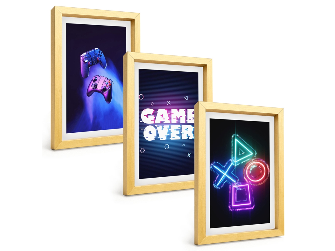 Composição De Quadrosgame Over, Controles De Jogo Moldura Dourada Imagens Para Um Quarto Infantil Espelharte (3 Peças 20x30 Cm)