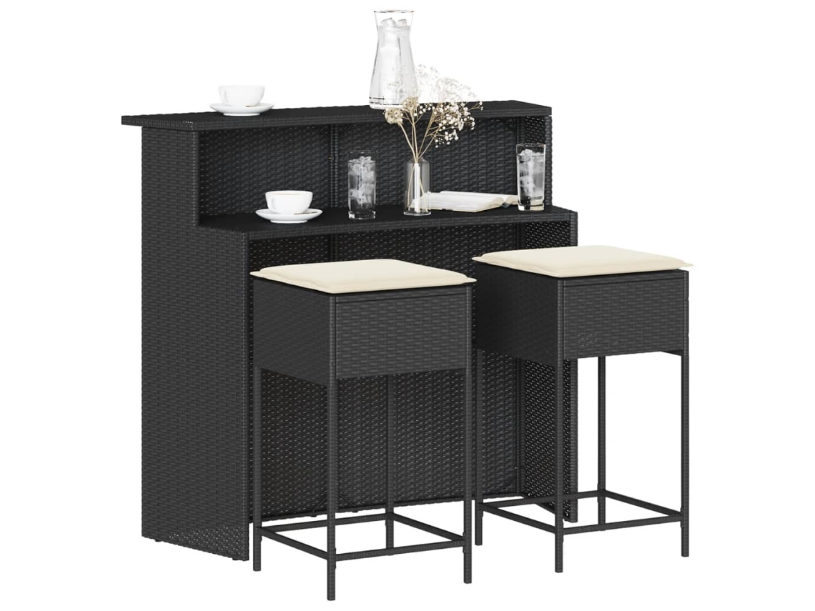 Vidaxl 3 Pcs Conjunto De Bar Para Jardim C/ Almofadões Vime Pe Preto