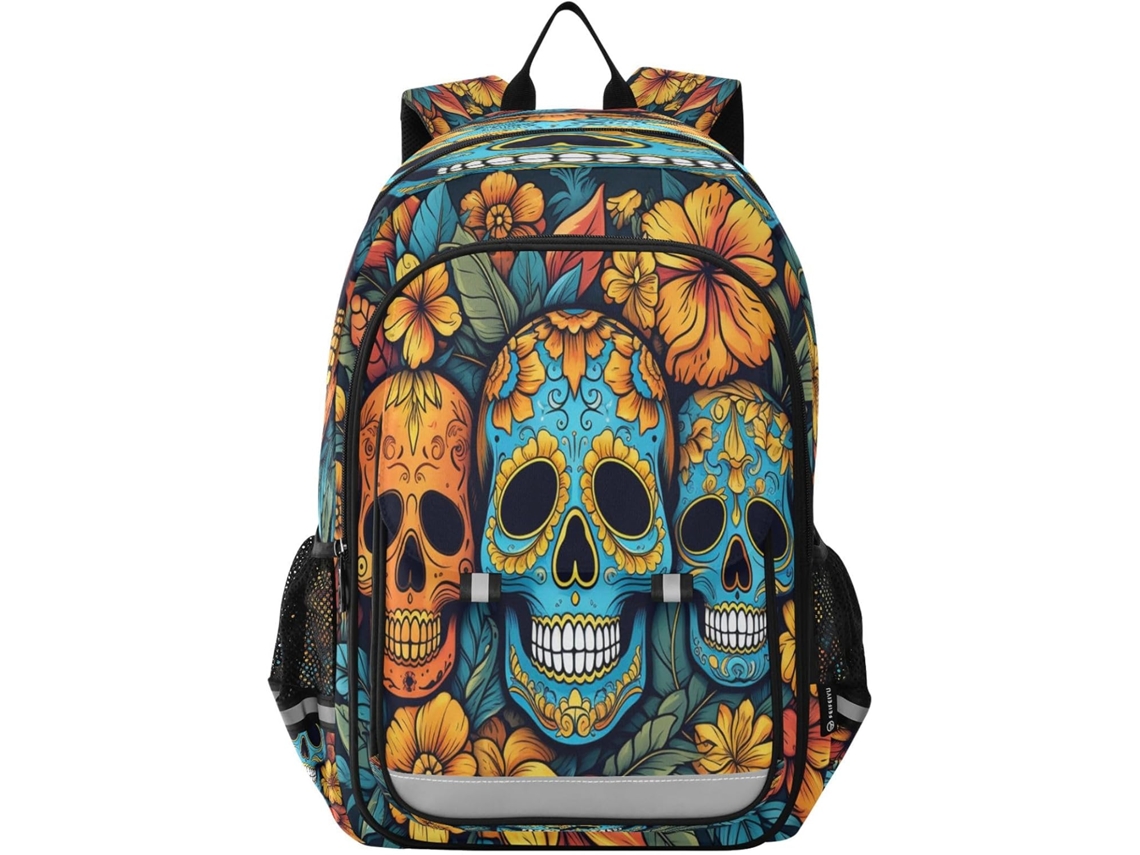 Mochila Escolar Colorida Com Estampa Caveiras Flores Para Crianças Adolescentes, Ideal Escola Viagens