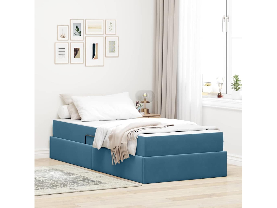 Vidaxl Cama com Arrumação e Colchão Azul Escuro 90 X 200 Cm Veludo