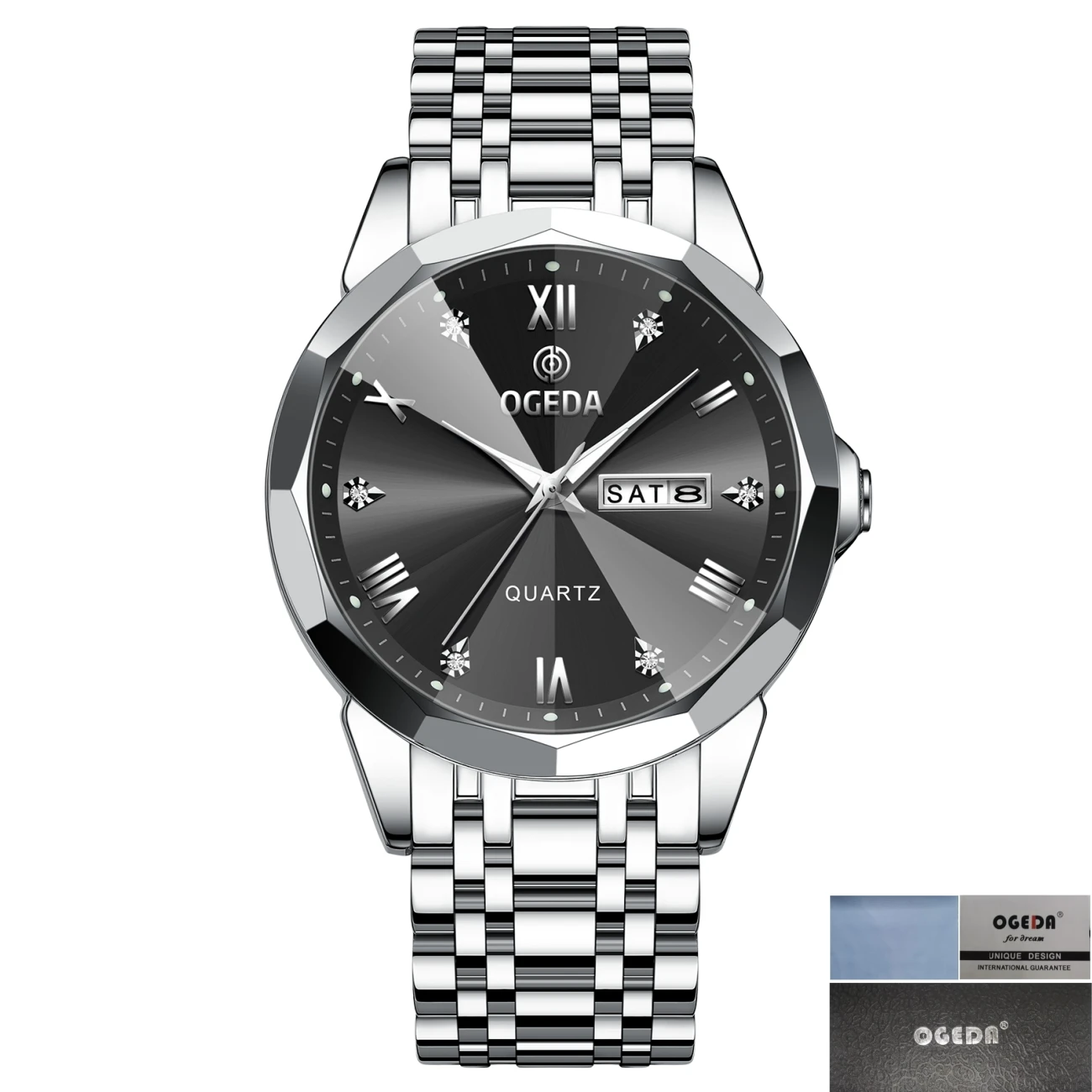Relógio Masculino Casual De Luxo (prateado-preto), À Prova D'água, Com Pulseira Luminosa De Diamantes E Mostrador De Data.
