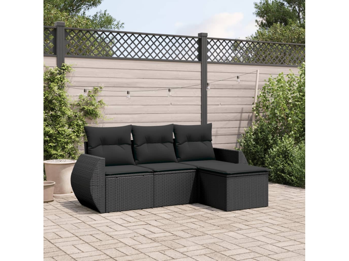 Vidaxl 4 Pcs Conjunto De Sofás Para Jardim C/ Almofadões Vime Pe Preto