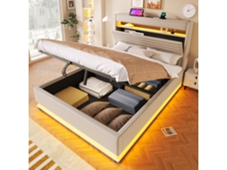 Cama de Arrumação VSOGA 140x200 cm com Usb Tipo C, Led, Hidráulica, Compartimento Rebatível, Colchão Não Incluído