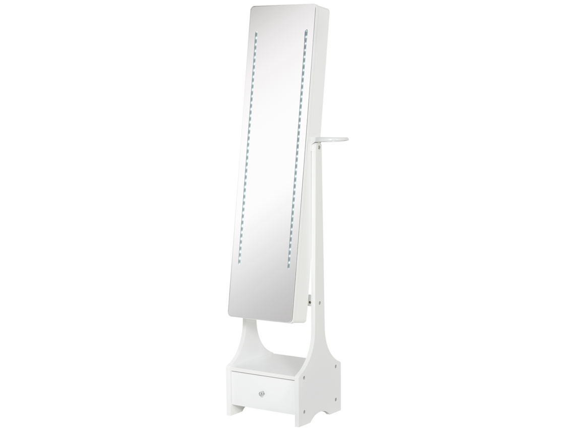 Armário Para Joias Com Espelho De Corpo Inteiro, Ângulo Ajustável, Gaveta E Suporte Para Secador De Cabelo, 37x30x158 Cm, Branco