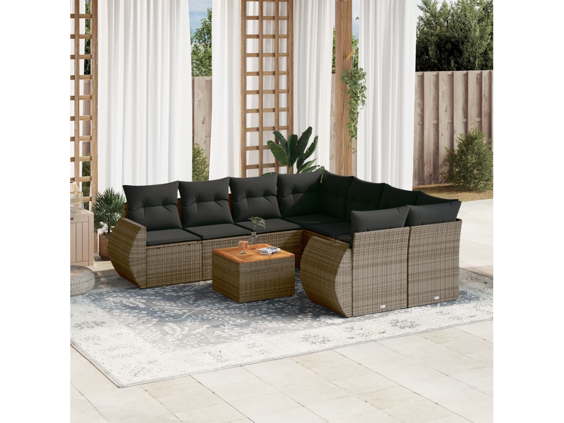 Vidaxl 9 Pcs Conjunto Sofás P/ Jardim Com Almofadões Vime Pe Cinzento