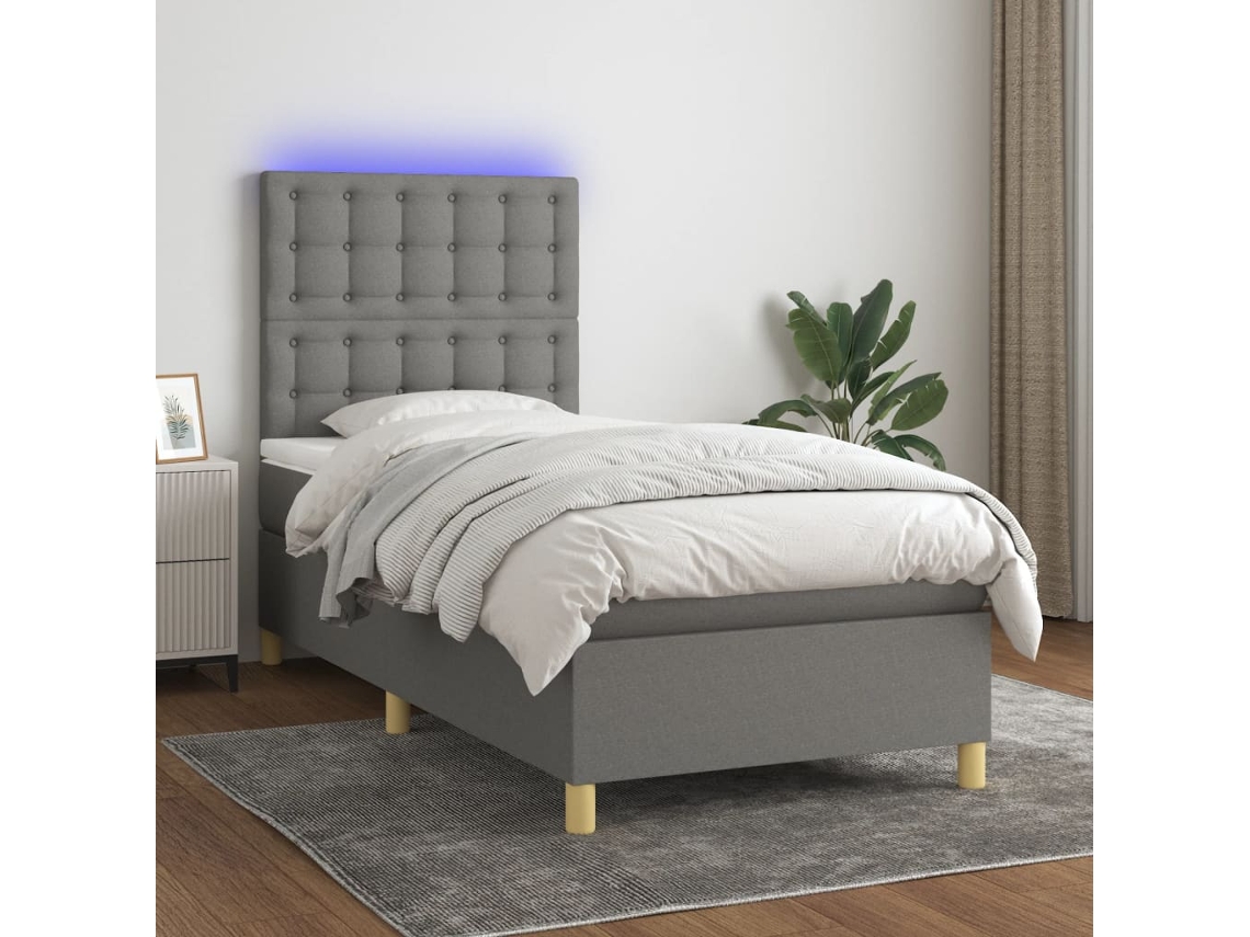Vidaxl Cama Box Spring C/ Colchão E Led 90x190 Cm Tecido Cinza-escuro