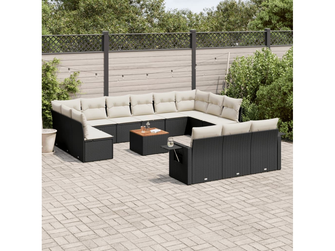 Jogo de Sofá 14 Peças P/ Jardim C/ Almofadões Vime Pe Preto Dkd Home Decor