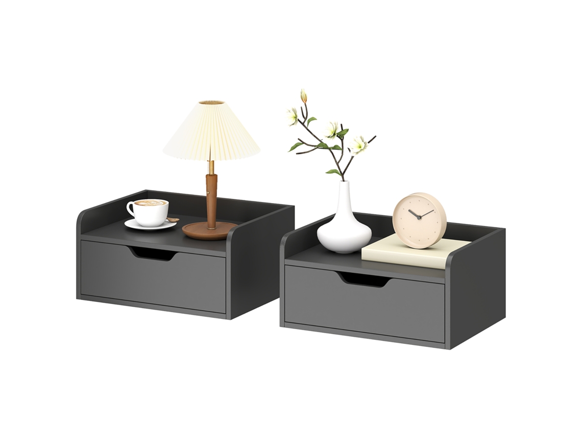 Conjunto De 2 Mesas De Cabeceira De Parede Flutuantes Com 1 Gaveta Para Quarto 40x30x19,5 Cm Preto