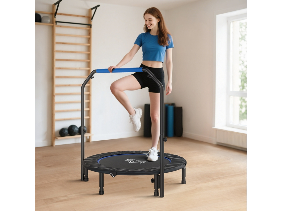 Mini Trampolim De Fitness Dobrável, Diâmetro 114 Cm, Azul E Preto, Com Halteres De Altura Ajustável.