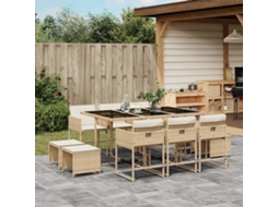 Conjunto 11 Peças Jantar P/ Jardim Com Almofadões Vime Pe Bege Dkd Home Decor
