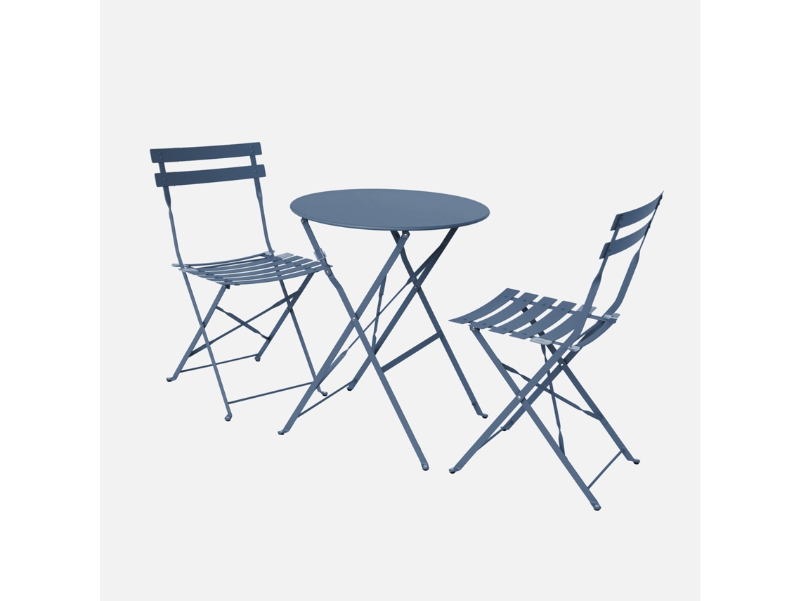 Conjunto De Jardim Com Mesa Bistrô Dobrável Em Aço Com 2 Cadeiras, Ø60cm, Azul Cinza