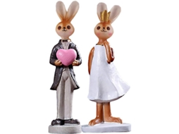 Estátua de Coelhos Casal Pequena 5.5 Polegadas Gravada Pintada À Mão para Interiores