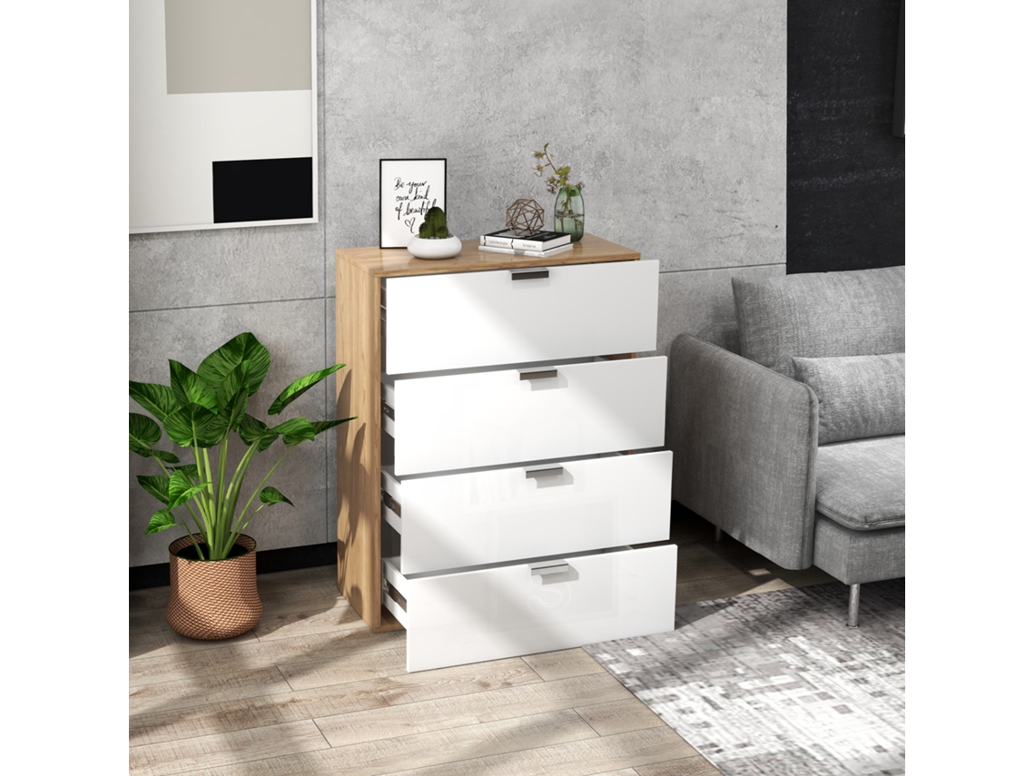 Cómoda Com 4 Gavetas De Alto Brilho Gaveteiro Madeira Moderno 70x35x92 Cm Branco E Lenhoso